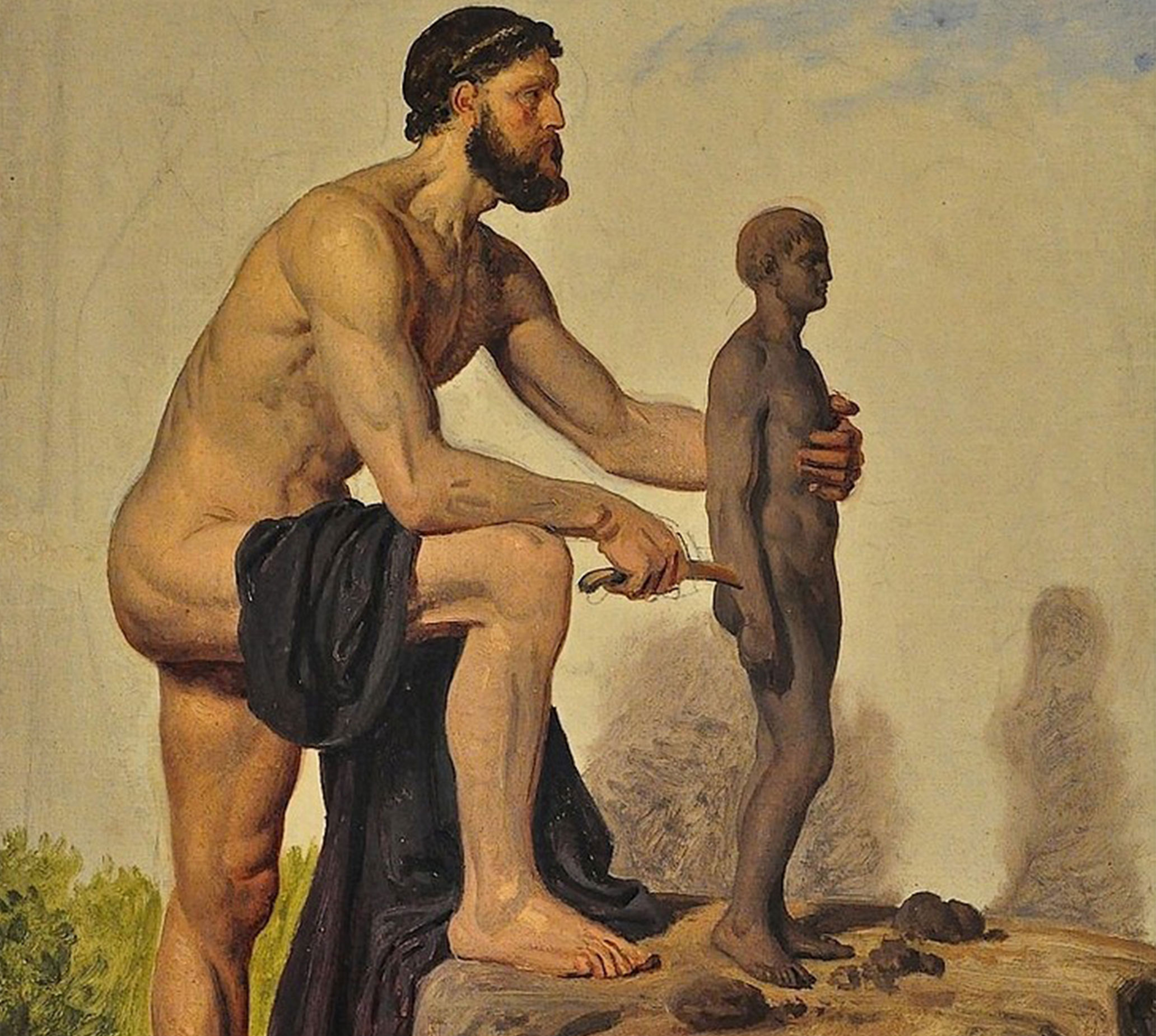 A painting; Prometheus is sculpting out of clay a life-size figure of a man