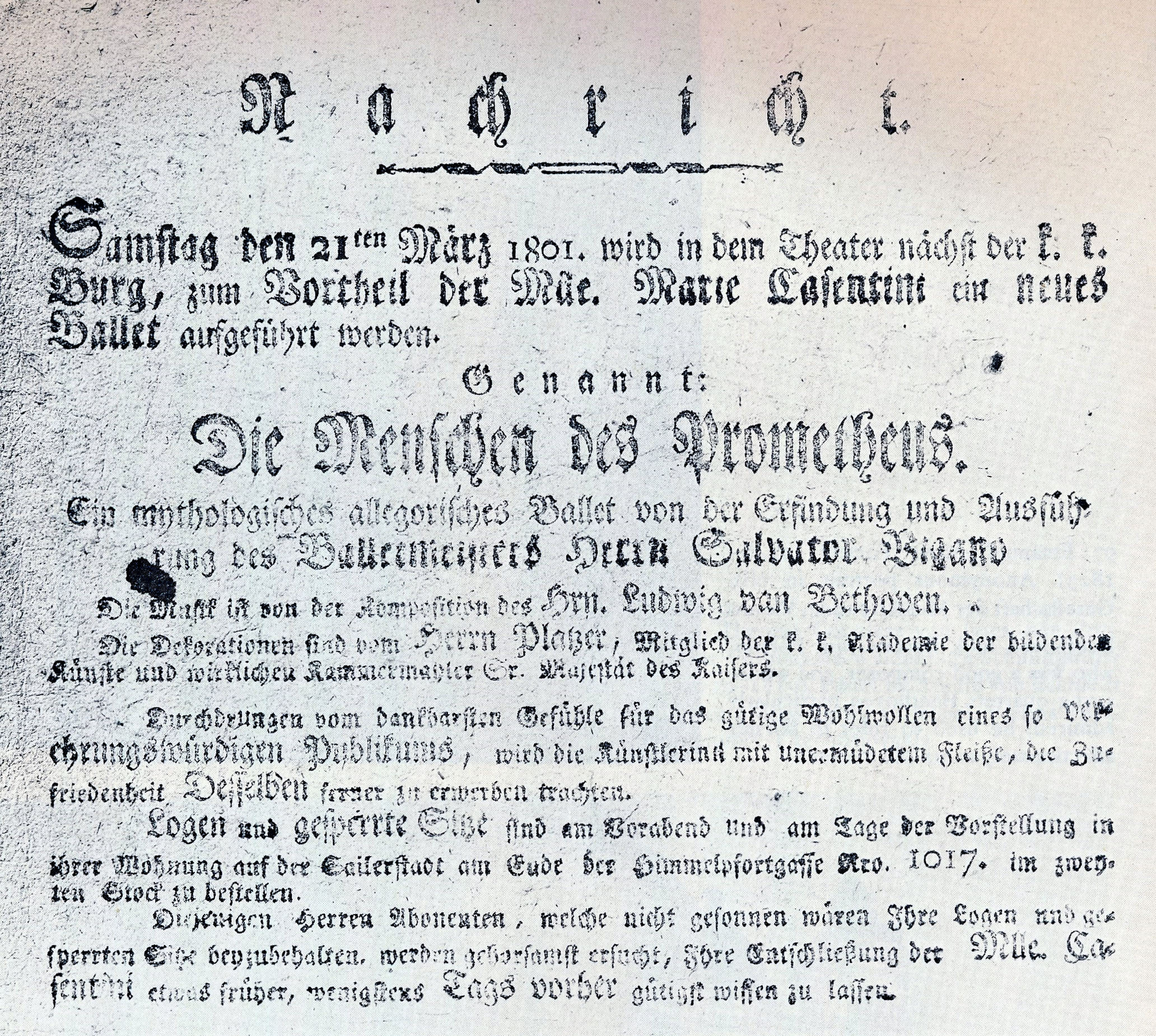 Handbill for the premiere performance of The Creatures of Prometheus (March 28, 1801).