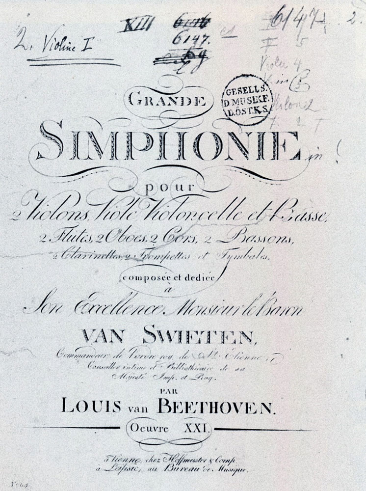 Title page to the first edition of Beethoven’s First Symphony (Vienna: Gesellschaft der Musikfreunde, 1800).