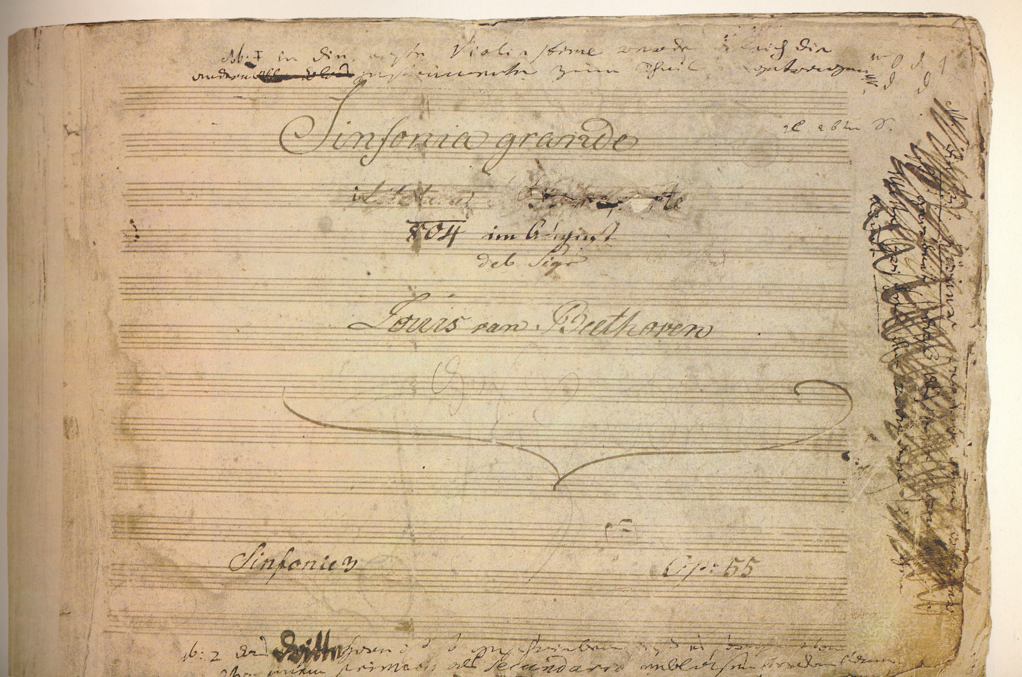 Title page of the manuscript to the Eroica, with the dedication to Napoleon violently struck out.