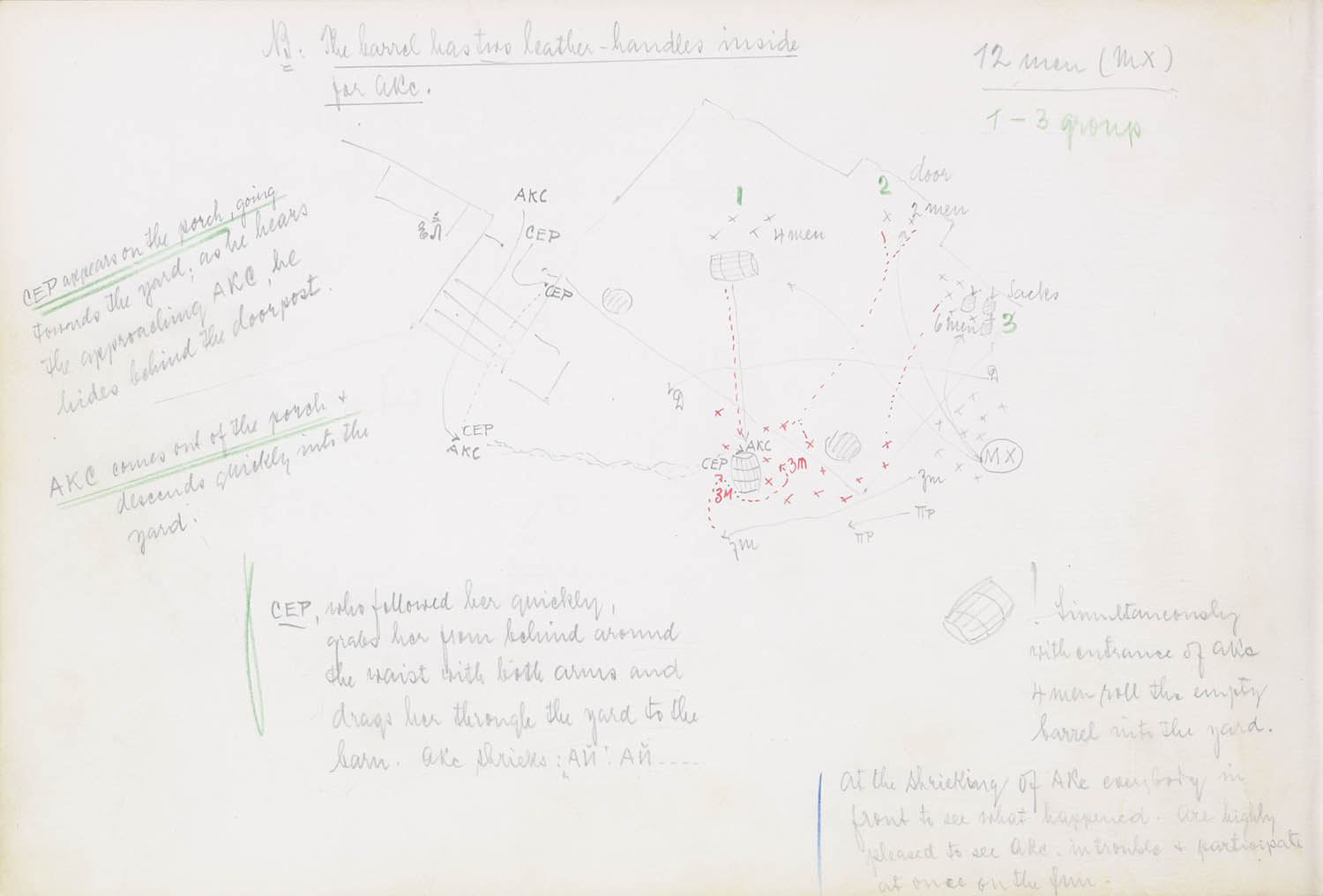 Page from the piano vocal score of Lady Macbeth featuring sketched stage directions. 