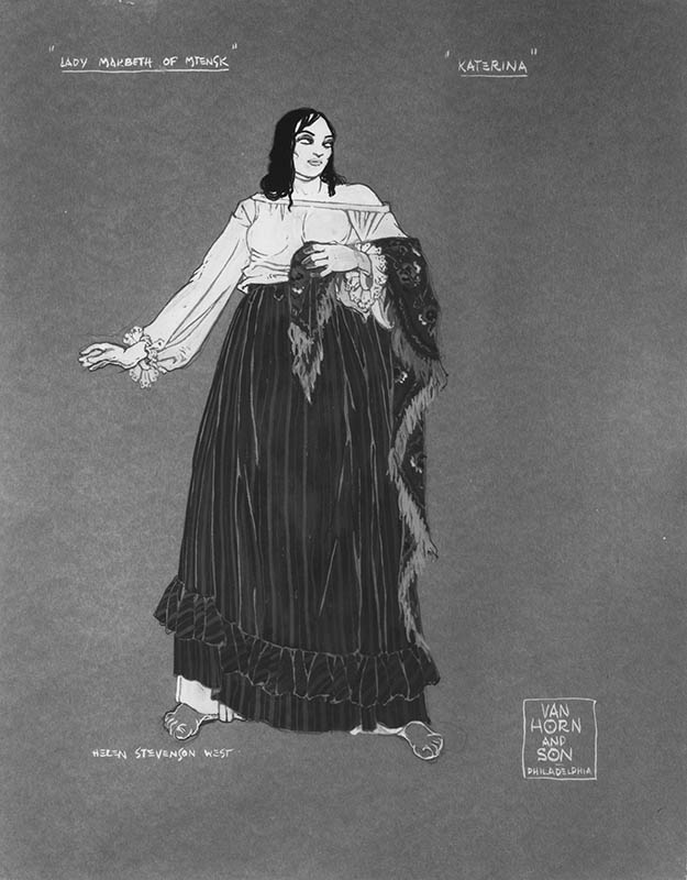 Sketch of Katerina’s costume for Cleveland production of Lady Macbeth of Mtsensk.