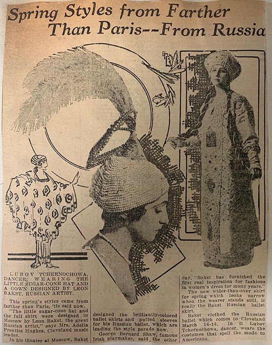 Feb. 17, 1916 article from the Cleveland Press with a headline that reads: “Spring Styles from Farther than Paris—From Russia!” depicting in-vogue fashion pieces, including a feathered hat and traditional Russian garment.