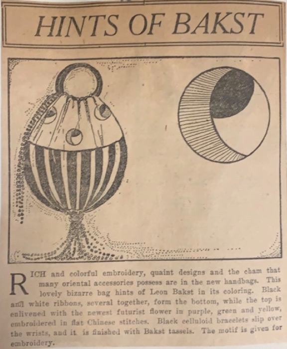 March 12, 1916 article from the Plain Dealer that reads: “Hints of Bakst” and advertises the sale of a handbag inspired by the Russian designer Leon Bakst