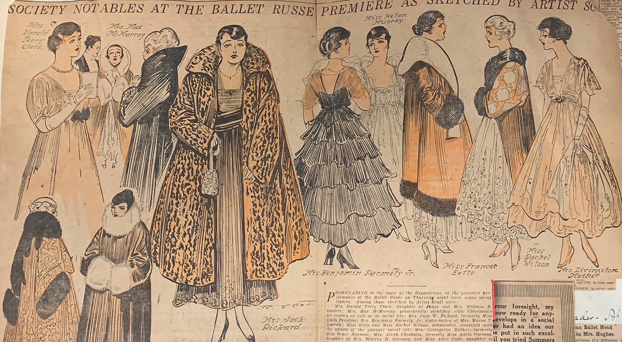 March 19, 1916 article from The Sunday Leader with a headline that reads: “Society Notables at the Ballet Russe Premiere as Sketched by Artist” containing sketches of concert-goers on opening night.