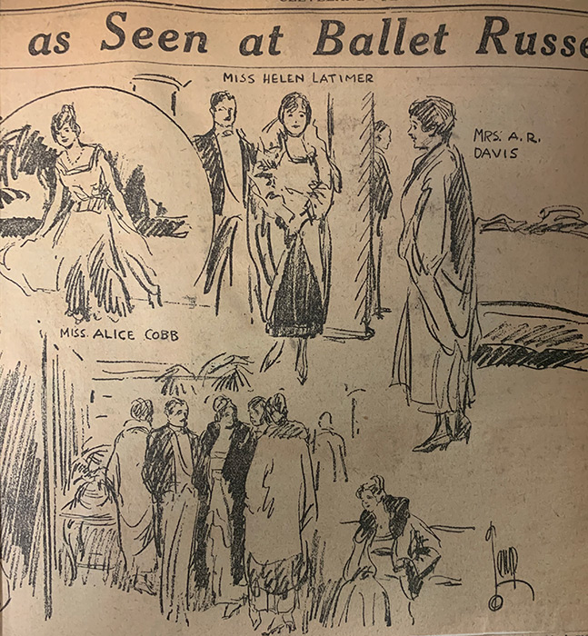 March 17, 1916 article from Cleveland Plain Dealer with a headline that reads: “As Seen at the Ballet Russe” containing sketches capturing fashion choices of Petrouchka attendees. 