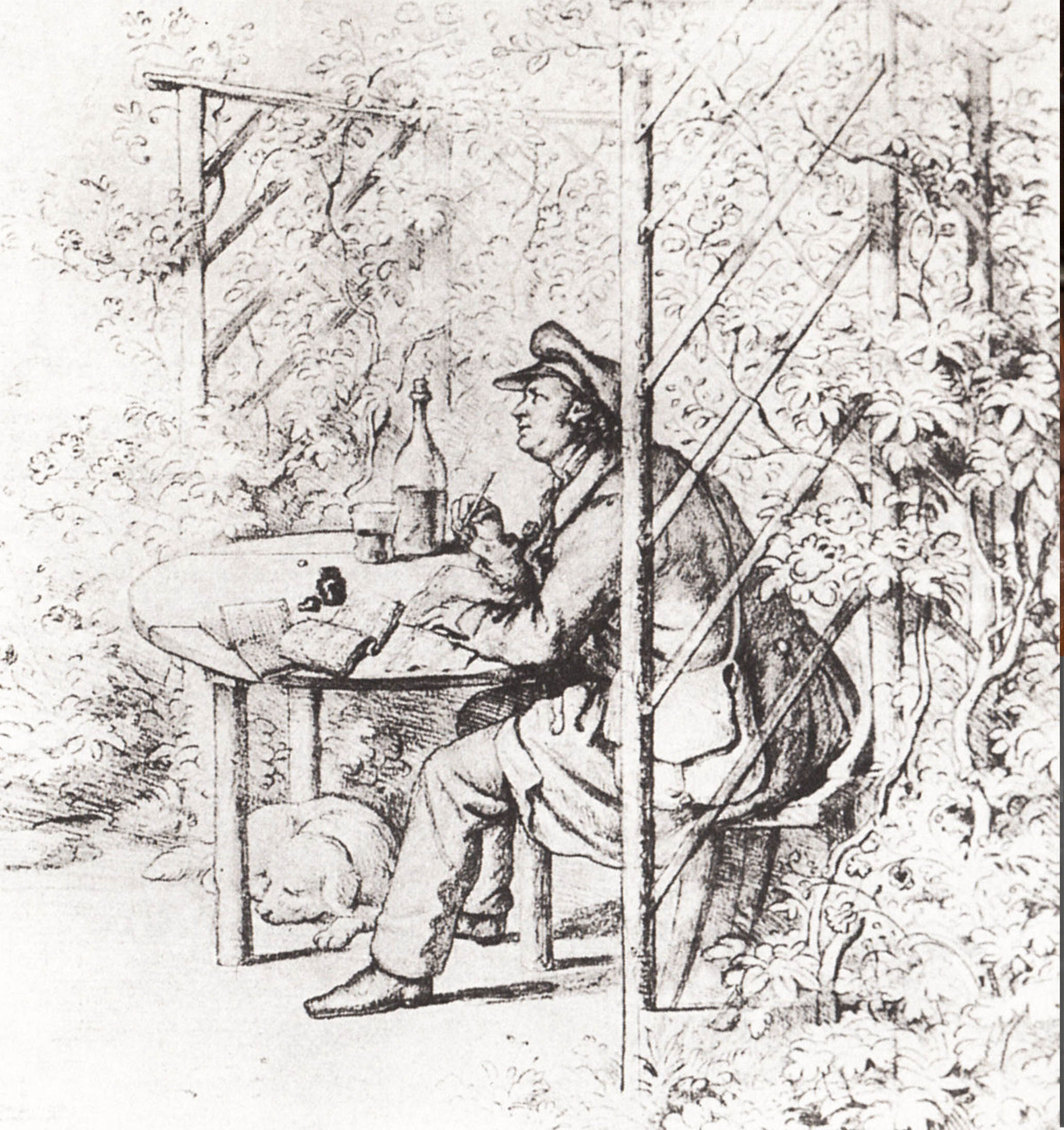 Black-and-white sketch of Jean Paul Richter sitting, drinking, and writing in a garden. His dog sleeps at his feet.