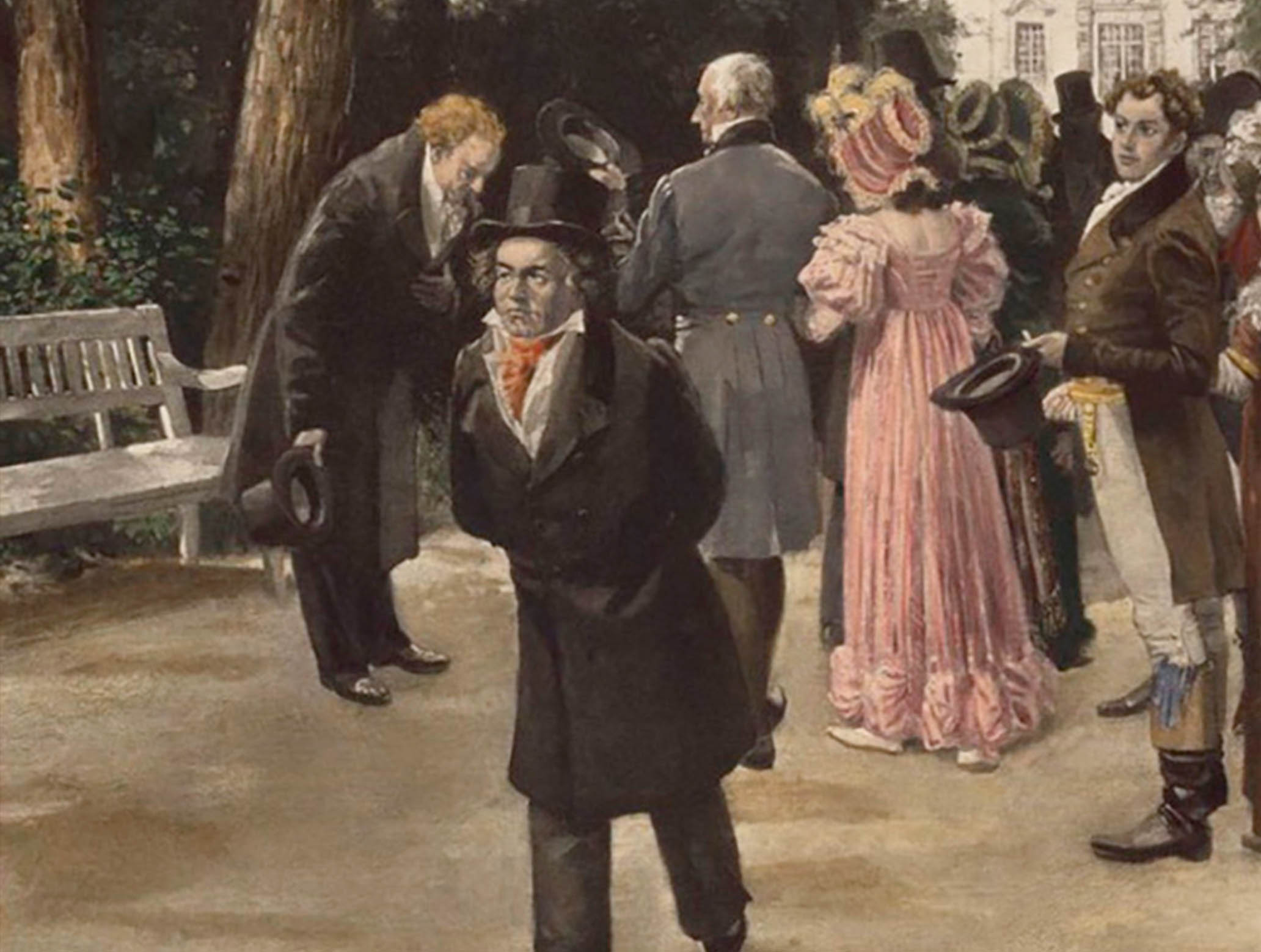 Painting depicts Goethe standing and talking to the nobility, who have passed the pair, while Beethoven continues walking.