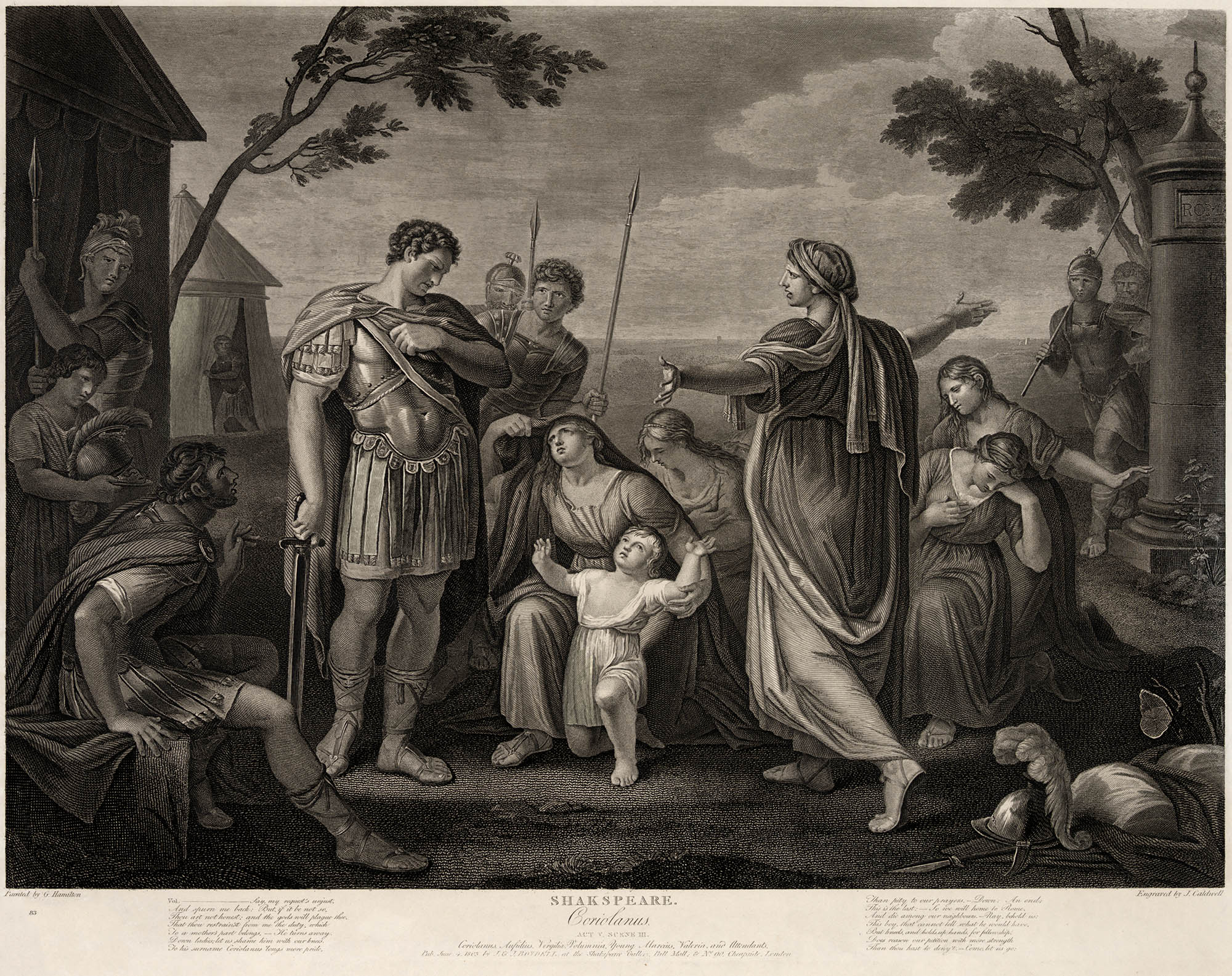 Coriolanus, in Roman armor, is confronted by his mother, wife, and other women of Rome. He seems to be wavering: his sword is now pointing toward the ground and his hand is over his chest.