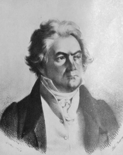 Beethoven is pictured as an elderly man. He has thick hair and a distant stare.  