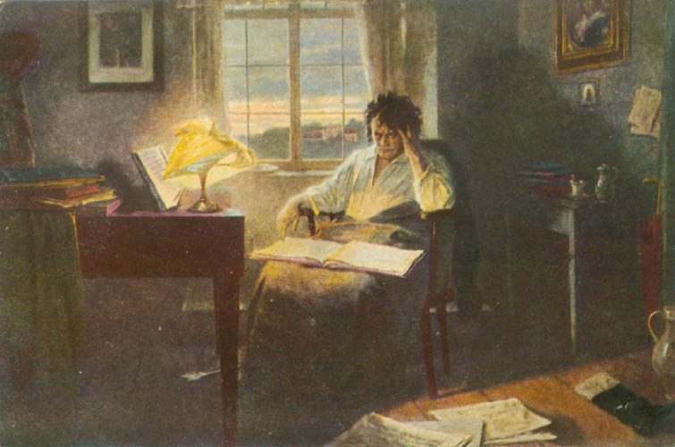 Beethoven is sitting in a chair is wearing his night clothes. An open score is on his lap, and he is in a pose of deep contemplation. 