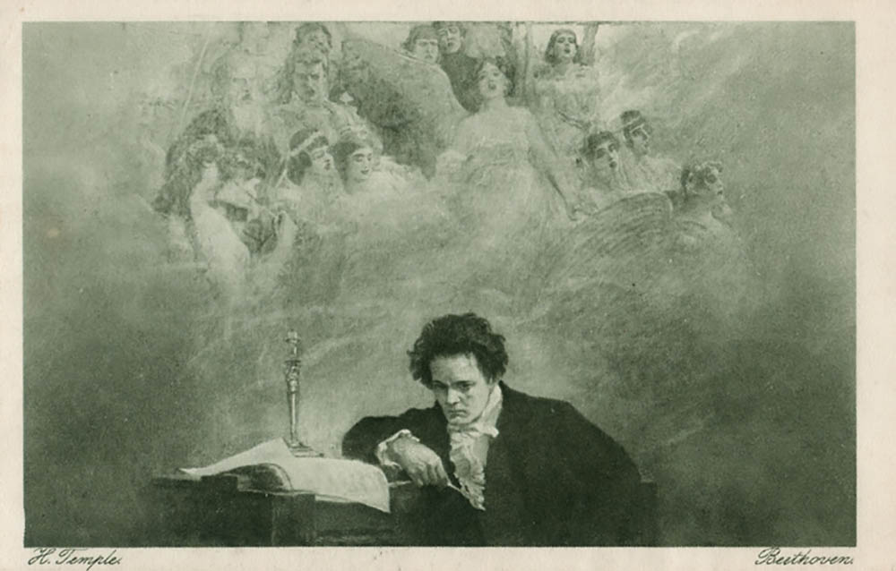 Beethoven at his desk, looking morosely forward as an unearthly chorus appears to sing to him. 