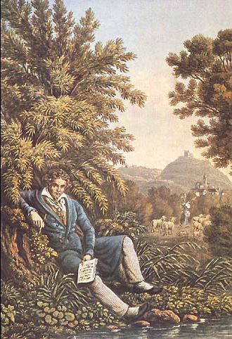 Beethoven is resting near a stream, with music and pen in his hands.  