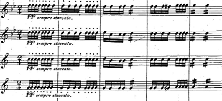 Excerpt of a musical score showing woodwinds playing repeated notes