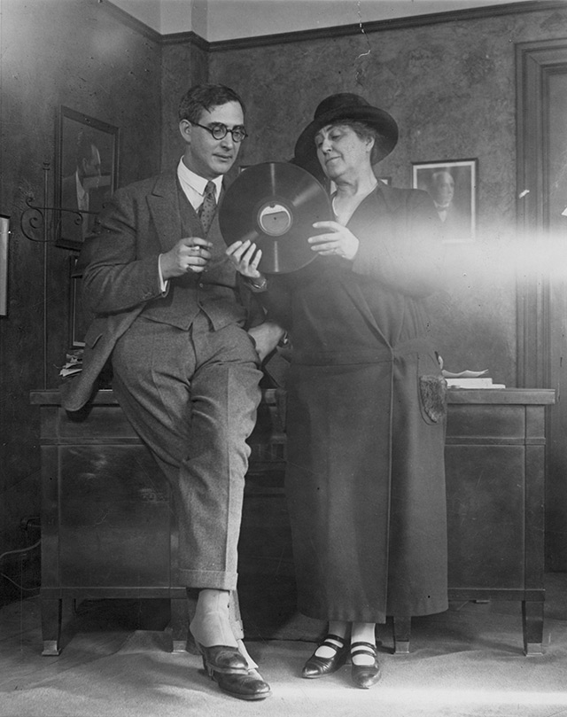 Adella with Music Director Nikolai Sokoloff inspecting the Orchestra’s first recording
