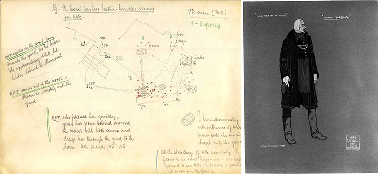 Top Left: One of the remaining blocking (illustration of movement of singers during a scene by the director) sheets for the celebrated Barrel scene Top Right: Character sketch done by the costume designer, Helen Stevenson West, of Zinovi (Zinovy) Borisovich, the husband of Katerina