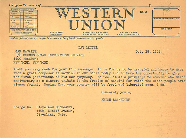 Photo of telegram to Jan Masaryk