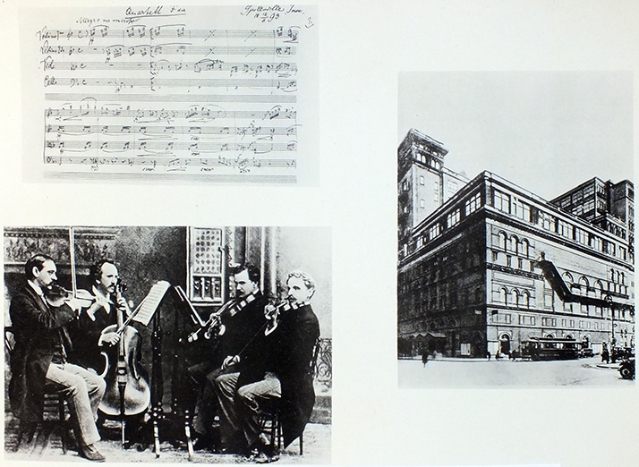 Plate from Prague album about Dvořák’s Quartet in F Major, “American” (from top left: notes for F major Quartet, Kneisel Quartet rehearsing Dvořák’s quartet for its premiere; Carnegie Hall in 1893, where the quartet was first performed)