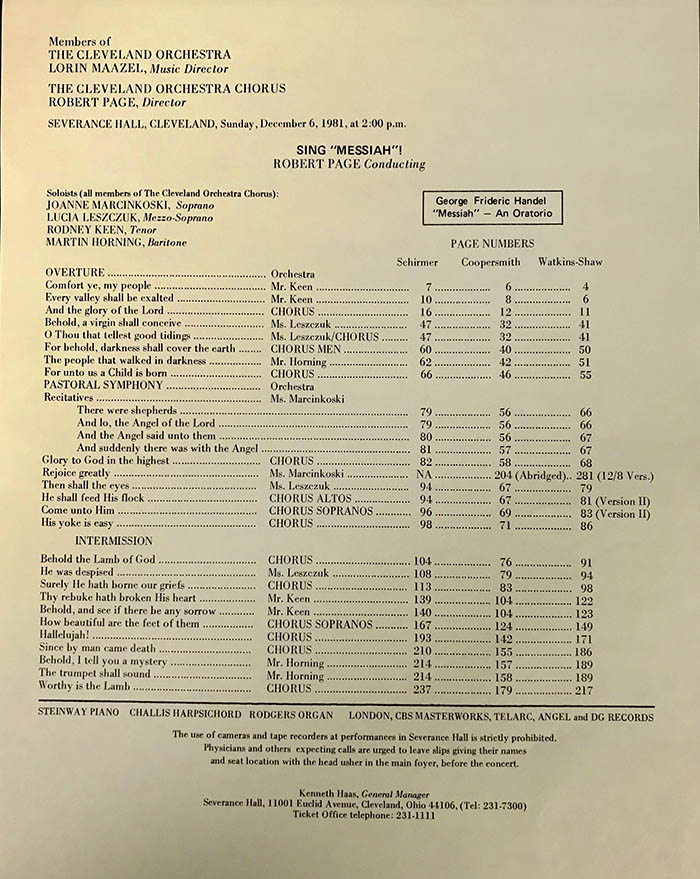 Legend included in 1981 “Sing Messiah” concert program, providing page numbers of each movement in major editions of Handel’s Messiah.