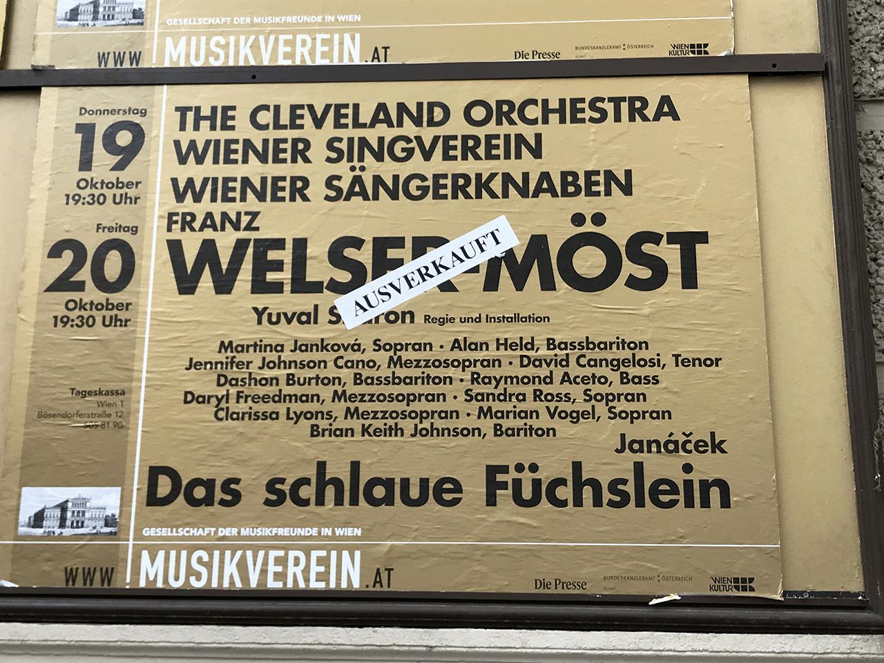 A poster for the 2017 Musikverein residency with an “Ausverkauft” (“Sold Out”) sticker.