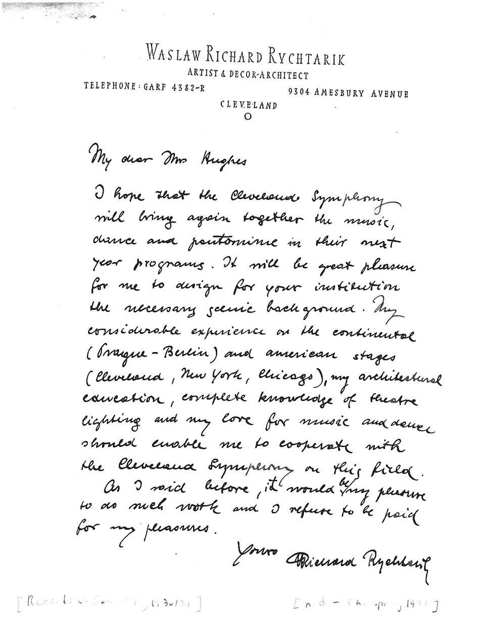 Letter, dated 1934, from Richard Rychtarik to Adella Prentis Hughes expressing interest in designing sets for Cleveland’s operas